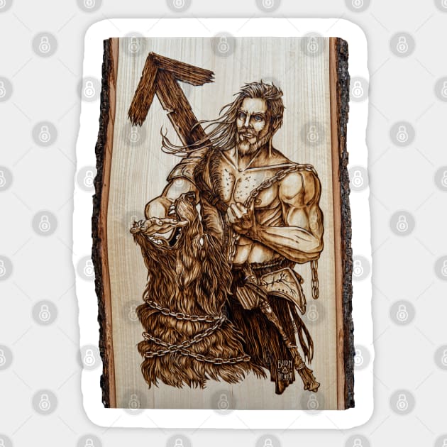 Tyr - nordic god pyrography print, wood texture Sticker by BTW-byMargo